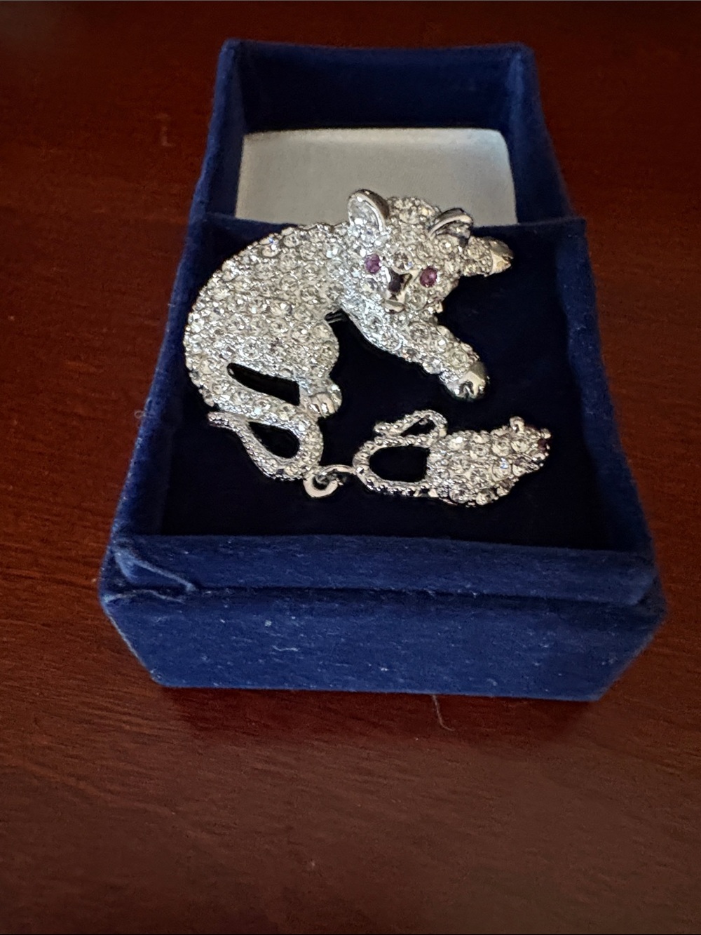 Silver Crystal Cat Brooch with Pink Accent Eyes - Jewelry Accessory